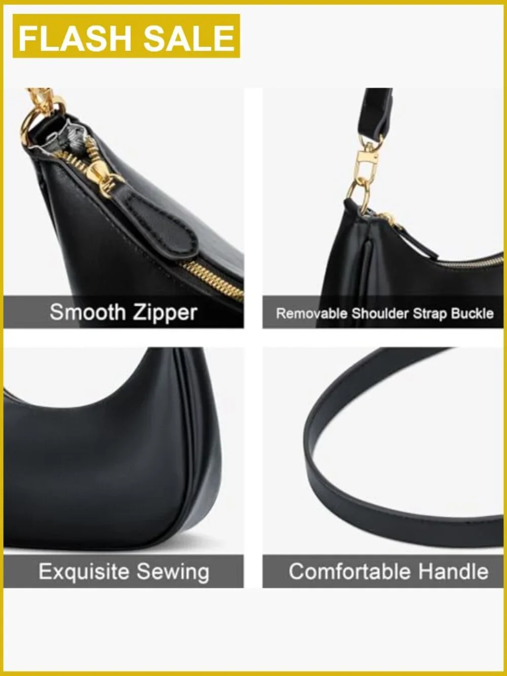 Vegan Leather Crescent Hobo Crossbody Bag - Women's Shoulder Purse - Detachable